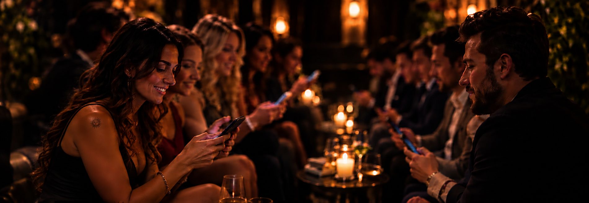Guests on lounge sofas by candlelight, smiling at the phones in their hands.