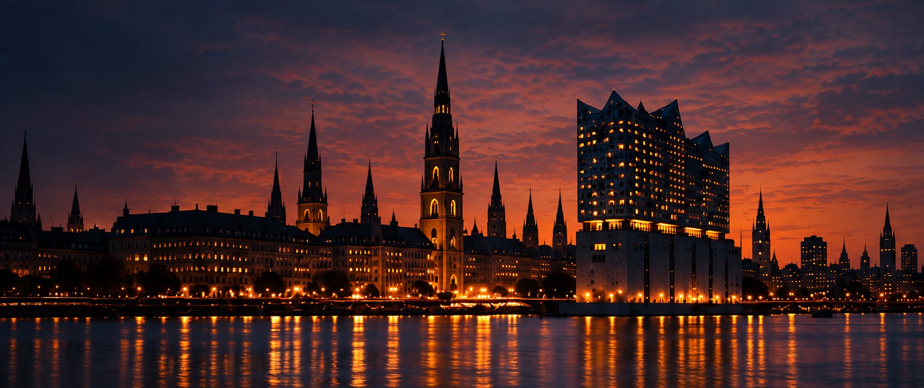 The Hamburg skyline at dusk, church spires and the Elbphilharmonie lit against an orange sky, reflected in the river.